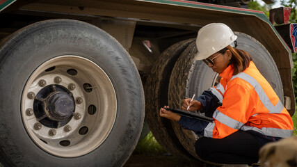 A worker in an orange safety jacket examines the tires of a large vehicle. She is crouched down,...