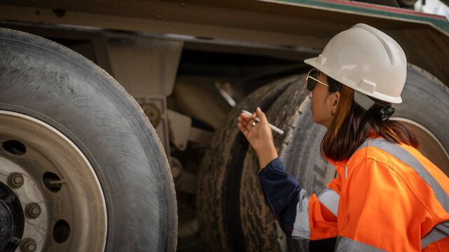 A woman wearing safety gear checks the undercarriage of a heavy vehicle at an industrial site. She uses a tool to inspect the equipment closely for maintenance