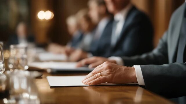International leaders seated around polished negotiation table in grand hall, symbolizing global diplomacy, structured dialogue, and political responsibility in resolving complex international