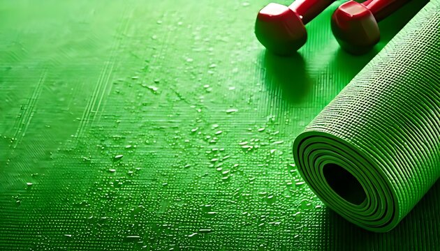 Exercise equipment, a green background, a wet yoga mat, water droplets, and weightlifting - Powered by Adobe