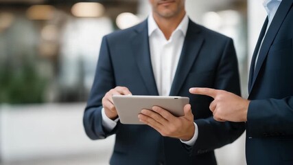 Insurance representative holding digital tablet while showing policy features to entrepreneur, symbolizing modern client engagement, risk protection, and digital transformation in finance.
