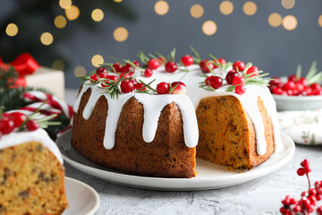 Delicious cut Christmas cake with icing, cranberries and rosemary on grey textured table against blurred lights, closeup. Bokeh effect