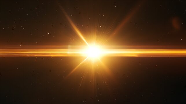 Bright light flare effect with lens, abstract glowing light with rays and beams on dark background
