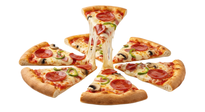 Delicious Pizza Slices with Toppings and Cheese.