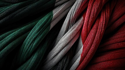 Mexico flag created from overlapping colored ribbons, carefully arranged in symmetrical folds. Lighting controlled, shadows enhance depth naturally.