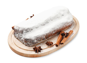 Traditional Christmas Stollen with icing sugar and spices isolated on white