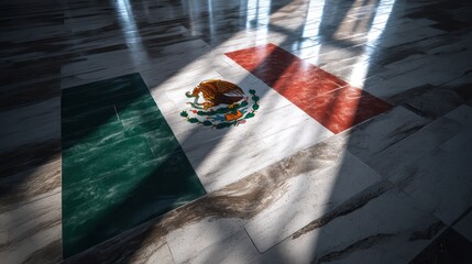 Mexico flag reflected across polished marble floor, perspective slightly angled. Shadows crisp beneath reflective surface, composition minimal for