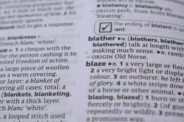 English Dictionary Page Close Up With the Word Of -blaze