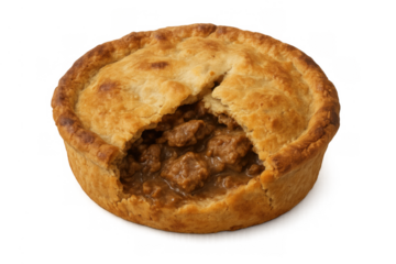 Meat pie with a portion of the top crust removed, revealing the delicious beef filling. Classic savory pastry