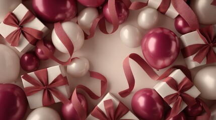 Overhead professional flat-lay: glossy balloons clustered at edges satin ribbons curling naturally wrapped square presents arranged for balance.
