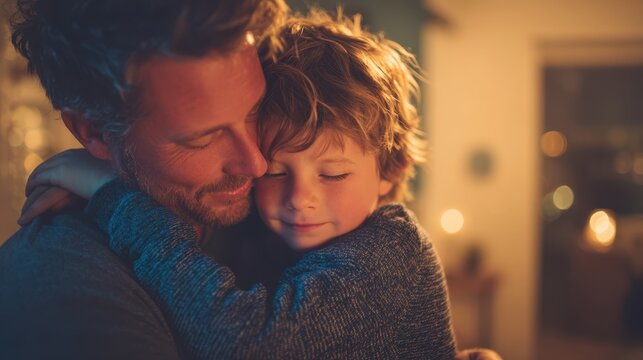 Heartfelt family portrait of a father hugging his smiling son in a warmly lit living room, radiating affection, mutual trust, and the gentle strength of a supportive parent-child relationship. - Powered by Adobe