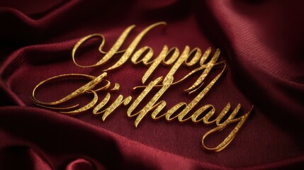 Shimmering "Happy Birthday" golden calligraphy letters draped elegantly across deep burgundy velvet fabric. Lighting metallic curves while capturing
