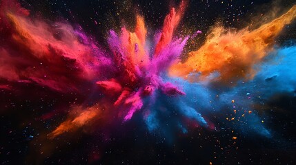 Dynamic explosion of vibrant colors creating a captivating cosmic effect with scattered particles in the background