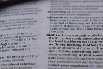 Obraz premium English Definition Dictionary Page Close Up Of Printed Word Of -blot