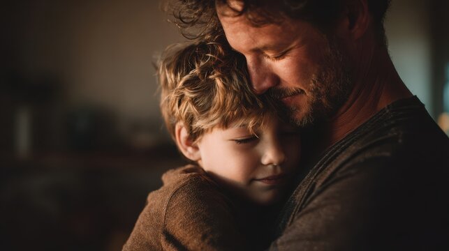 Heartfelt family portrait of a father hugging his smiling son in a warmly lit living room
