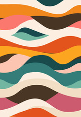 Wavy colorful stripes in teal, orange, pink, and brown form layered abstract flowing lines