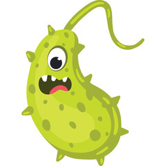 Green Cartoon Bacterium With Spikes And A Long Tail On A Transparent Background