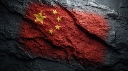 The China flag positioned flat against textured stone, vivid reds contrasting sharply with muted grey. Golden stars gleam