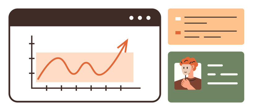 Line graph with upward trend in a dashboard, profile card with user photo, and task status list. Ideal for data analysis, teamwork, management, progress tracking, productivity, analytics
