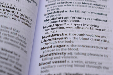 English Definition Dictionary Page Close Up Of Printed Word Of -blood sport