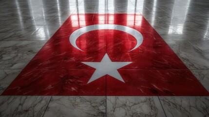 The Turkish flag unfurled on polished marble floor, reflections amplifying its vivid red surface. The crescent and star