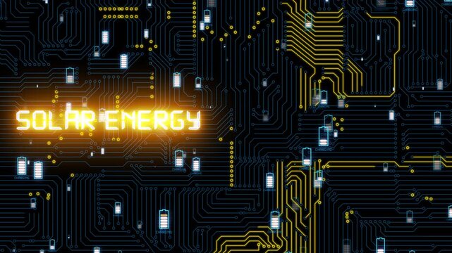 Solar energy background. Background with microprocessors and batteries. Title video for a presentation.