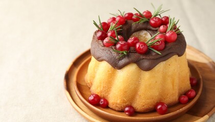 Tasty Christmas cake with cranberries on light table, closeup. Space for text