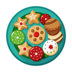 Delicious Assortment: Cookies, Stars, Round Treats on Teal Plate - Overhead Holiday Confectionery Design, Sweet Biscuits, Colorful Baking for Dessert elements. 