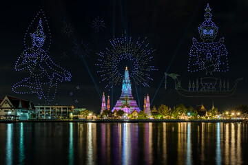 Wat Arun Temple in new year drone show and projection mapping during the Vijit Chao Phraya festival...