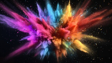 Explosive burst of vibrant colors in a dynamic powder cloud against a dark background, creating an artistic spectacle