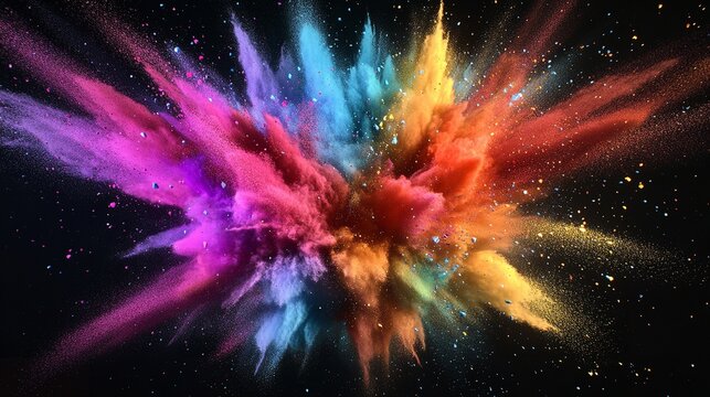 Explosive burst of vibrant colors in a dynamic powder cloud against a dark background, creating an artistic spectacle - Powered by Adobe