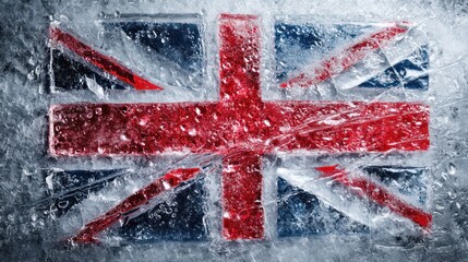 The United Kingdom flag carved into frozen ice sheet, photographed under studio lights. Cracks, bubbles, and frost sharp,