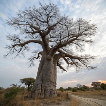 Baobab Tree Massive trunk with short stubby branches and sparse