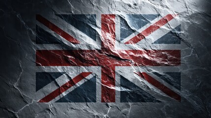 The United Kingdom flag embedded within smooth marble slab, photographed under angled light. Sharp reveal subtle veining, enhancing