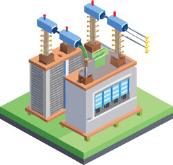 Isometric illustration of an electrical substation on a green platform with transformers and blue circuit breakers, conveying a technological theme.