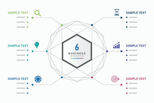 6 Step Business Strategy Infographic with Icons and Color Coded Segments