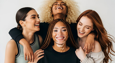 Fototapeta premium Joyful diverse women friends laughing together, celebrating friendship, diversity, and self-acceptance in a studio portrait.