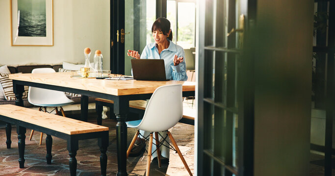 Woman, happy and video call with laptop, remote work and discussion with feedback for project management. Mature person, writer and smile with pc, virtual meeting and review for freelance job in home