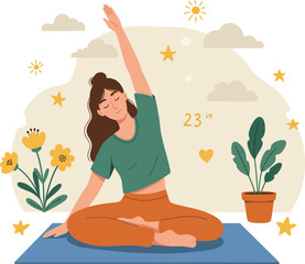 Woman practicing yoga outdoors illustration