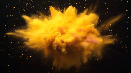 Vibrant explosion of yellow powder against a dark backdrop, creating a dynamic and energetic visual effect