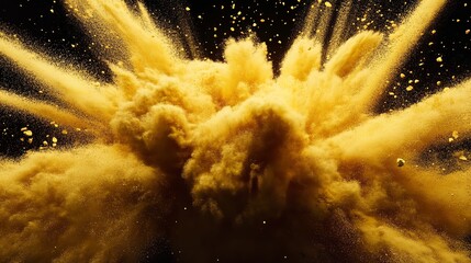 Dramatic burst of golden yellow powder against a black background, showcasing a powerful and intense explosion