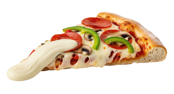 Delicious slice of pepperoni pizza with toppings.