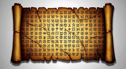 Ancient civilization symbols pattern on parchment, mysterious script and letters, old language heritage texture background.