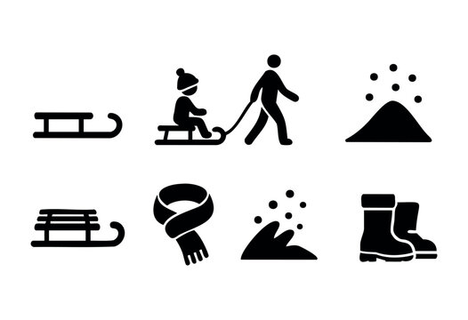 Set of eight winter related icons in bold black silhouette style. Includes sled, child on sled, adult pulling sled, snowdrift, scarf, snow pile, and winter boots. Perfect for winter themed projects.