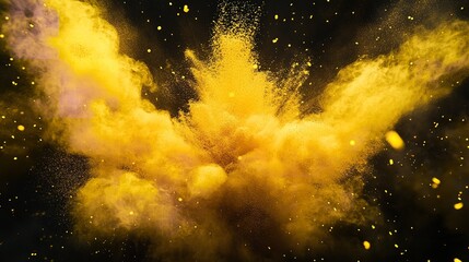 Spectacular explosion of yellow powder with a touch of pink against a dark background, creating a mesmerizing effect