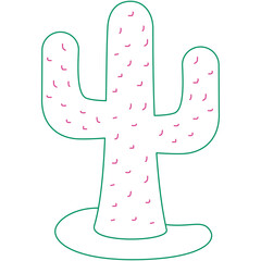 Green Line Art Saguaro Cactus With Pink Spines And Circular Base Isolated On Transparent Background