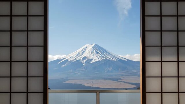Japanese sliding screens reveal scenic mount fuji view across serene landscape