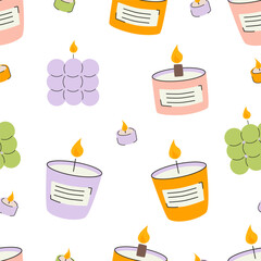 Seamless pattern with decorative candles and bubble cube candles, cozy home decor illustration, flat vector
