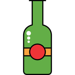 Green Glass Bottle With Red Circular Label and Orange Band Isolated on White Background With Small Bubbles