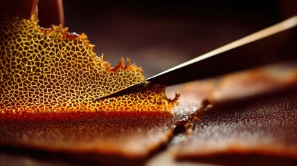 Close-up of a textured fruit leather slice being cut with a knife, showcasing intricate patterns and vibrant colors